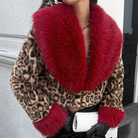 Bold Leopard Print Faux Fur  Coat with Plush red Collar & cuffs  Women's - Picture 7 of 8